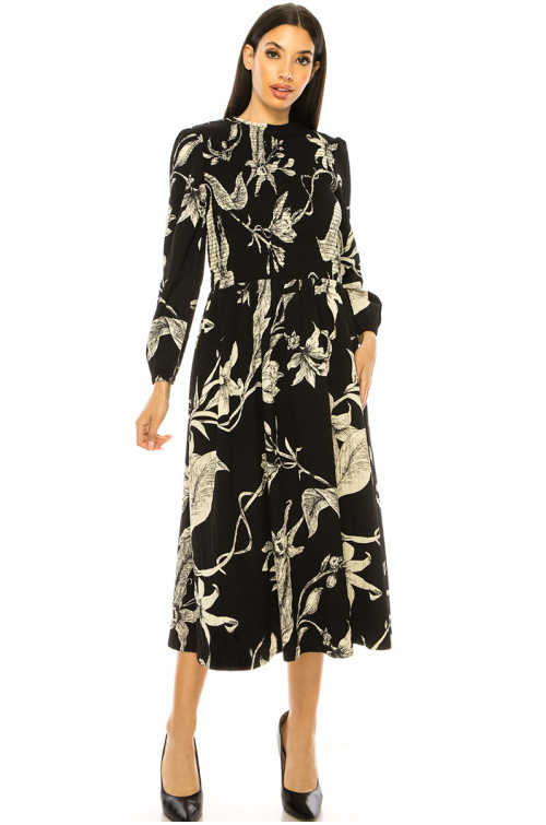 Black Abstract Printed Shoulder Straps Smocked Fit and Flare Midi Dress